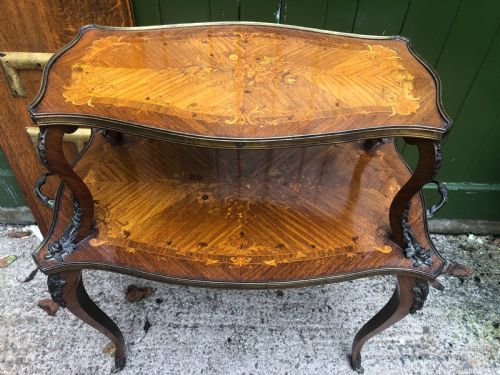 EARLY C19TH FRENCH 2TIER FLORAL MARQUETRY INLAID KINGWOOD ROSEWOOD SATINWOOD AND WALNUT ETAGERE - ADDITIONAL PHOTO 5