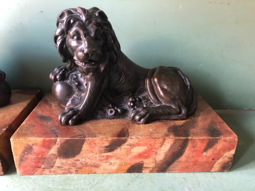 fig 2. Fine pair of C18th Italian bronze lions mounted on ‘faux’ marble decorated plinth bases .