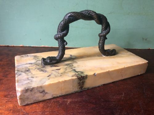 Mid C19th Italian Giallo Antico Marble Rectangular Paperweight with Bronze Handle,