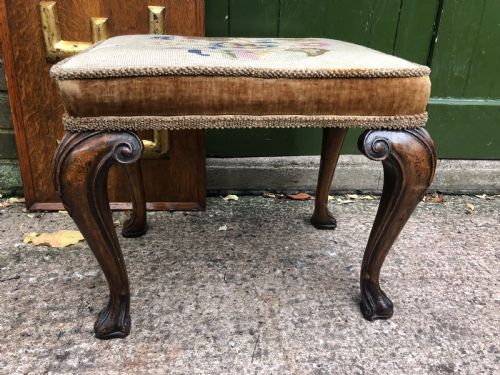 Early C20th George I Period Revival Cabriole Leg Rectangular Walnut Stool with Embroidered Tapestry Covered Seat .
