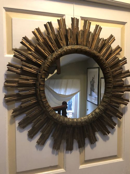 Highly Decorative Early C20th Carved Gilt-wood “Sunburst” Frame Circular Mirror .