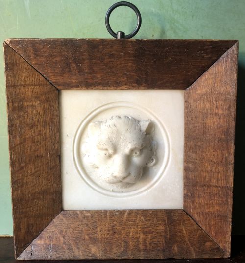 Early C19th Regency Period Framed Carved Statuary Marble Study of a Lion’s Mask.