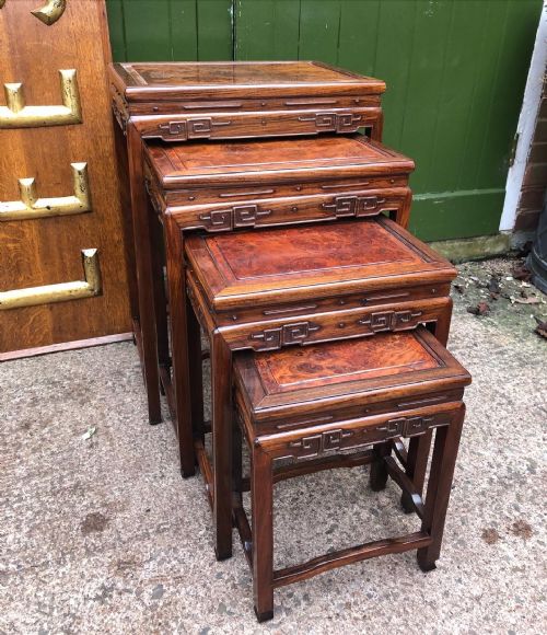 Late C19th / Early C20th Chinese Qing Dynasty Carved Hardwood and Burr Thuya Graduated Quartetto of Tables .