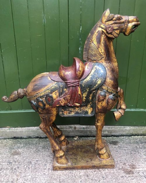 Large Early  C20th Chinese Carved Wood ,Gilded and Polychrome Decorated Study of a Tang Dynasty War Horse .