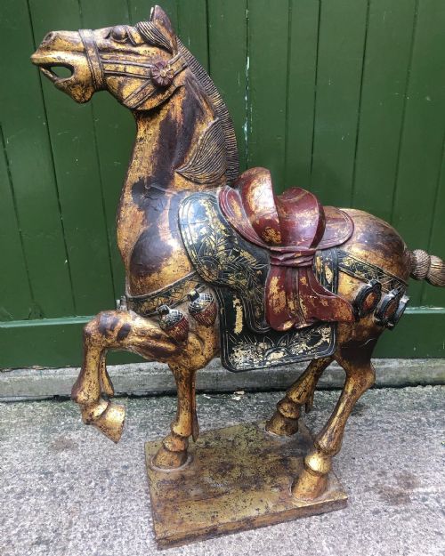 fig 1. Large early C20th Chinese carved wood ,gilded and polychrome decorated study of a Tang Dynasty war horse .