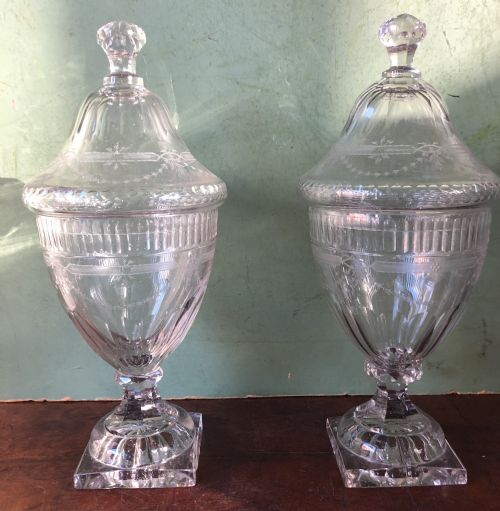Pair of Early C19th Regency Period Cut-glass ‘Bon-bon’ Vases and Covers.