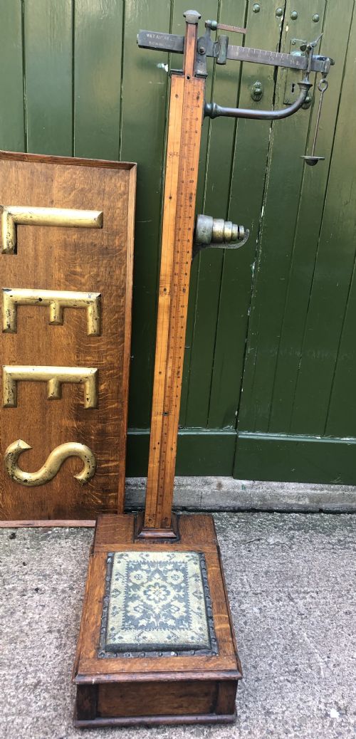 Set of Late C19th/ Early C20th Edwardian Period Oak and Brass Weighing and Height Measurement Scales by W & T .Avery .