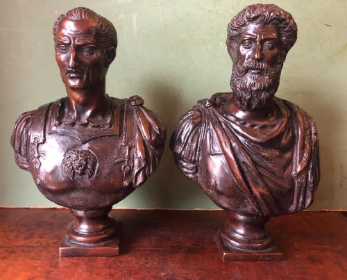 fig 1. Pair late C19th/ early C20th bronze bust studies of Julius Caesar and Marcus Aurelius after Francesco Jerace .