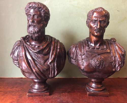 Pair Late C19th/ Early C20th Bronze Bust Studies of Julius Caesar and Marcus Aurelius After Francesco Jerace .