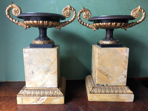 Pair of Early C19th French Charles X Period Bronze , Ormolu and Giallo Antico Marble Tazzas.