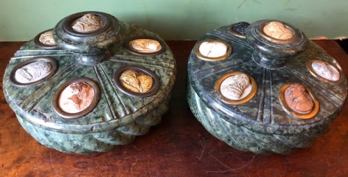 fig 1. Fine ‘matched’ pair of late C19th Italian ‘Grand Tour’ souvenir serpentine marble inkstands each mounted with carved lava cameo profiles .