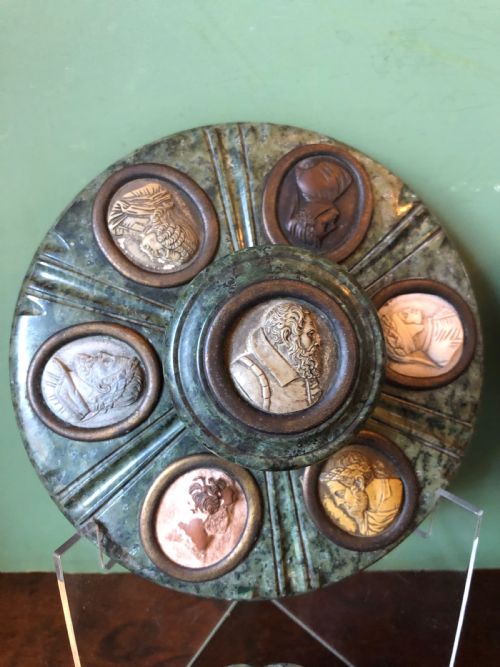fig 3. Fine ‘matched’ pair of late C19th Italian ‘Grand Tour’ souvenir serpentine marble inkstands each mounted with carved lava cameo profiles .