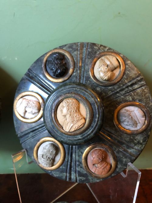 fig 4. Fine ‘matched’ pair of late C19th Italian ‘Grand Tour’ souvenir serpentine marble inkstands each mounted with carved lava cameo profiles .