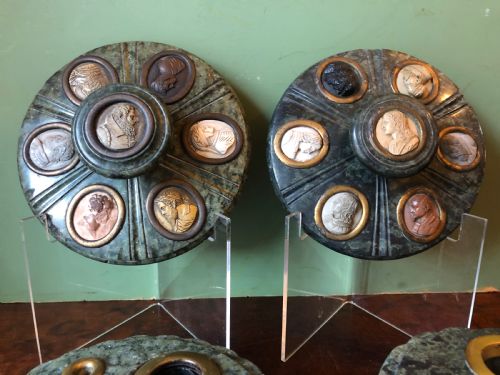 fig 5. Fine ‘matched’ pair of late C19th Italian ‘Grand Tour’ souvenir serpentine marble inkstands each mounted with carved lava cameo profiles .