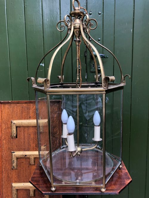 Early C20th Brass-framed Hexagonal Glazed Hall Lantern of Early C19th Design.