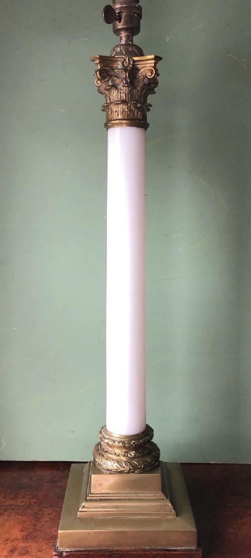 Large Scale C19th Opaline Glass Column Lamp with Brass Corinthian Capital and Brass Base .