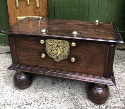 fig 1. Mid C18th Dutch East Indies colonial brass-mounted padauk coffer or strong-box .