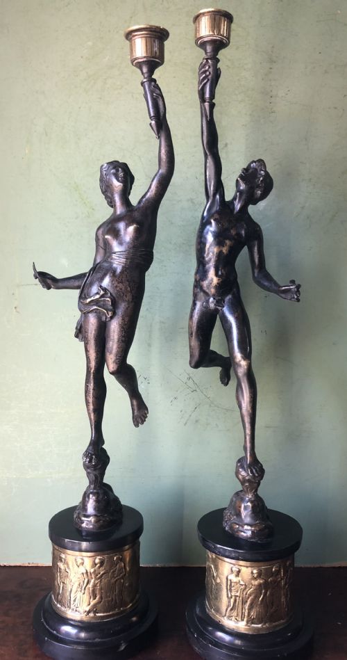 Pair of Late C19th Bronze Classical Figural Candlesticks After Giambologna.