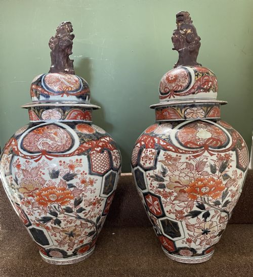 Pair of Large Late C17th / Early C18th Japanese Genroku Period Porcelain Vases and Covers Decorated in the Imari Palette.