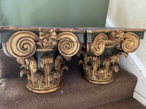 Pair of Late C19th Italian Carved Walnut Painted and Gilded Corinthian Capitals