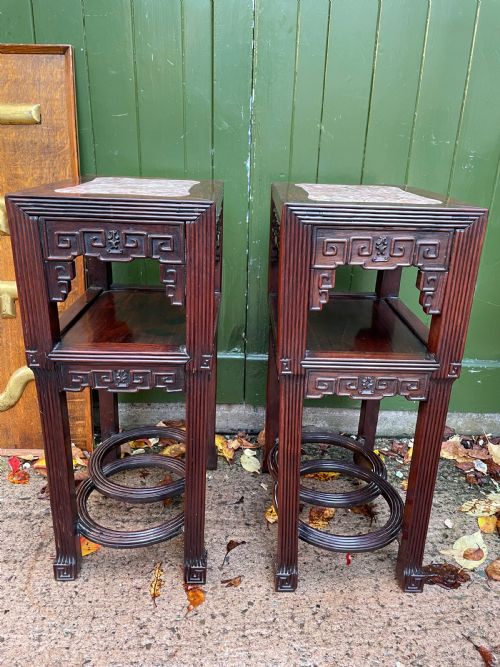 SUPERIOR QUALITY PAIR OF LATE C19TH CHINESE QING DYNASTY CARVED HARDWOOD 2TIER STANDS - ADDITIONAL PHOTO 2