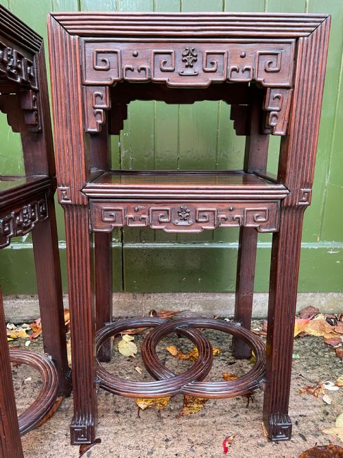 SUPERIOR QUALITY PAIR OF LATE C19TH CHINESE QING DYNASTY CARVED HARDWOOD 2TIER STANDS - ADDITIONAL PHOTO 12