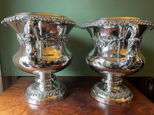 fig 1. Pair of early C19th Regency period ‘ Old Sheffield Plate ‘ campana shaped wine coolers .
