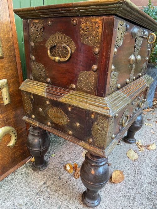 fig 1. C18th Dutch East Indies Colonial brass-mounted teak coffer on stand .