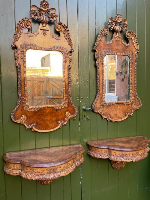 PAIR OF LATE C19TH GEORGE I PERIOD REVIVAL CARVED WALNUT AND PARCELGILT CONSOLE TABLES AND MIRRORS - ADDITIONAL PHOTO 23