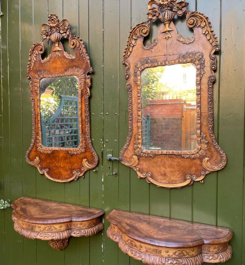 PAIR OF LATE C19TH GEORGE I PERIOD REVIVAL CARVED WALNUT AND PARCELGILT CONSOLE TABLES AND MIRRORS - ADDITIONAL PHOTO 25