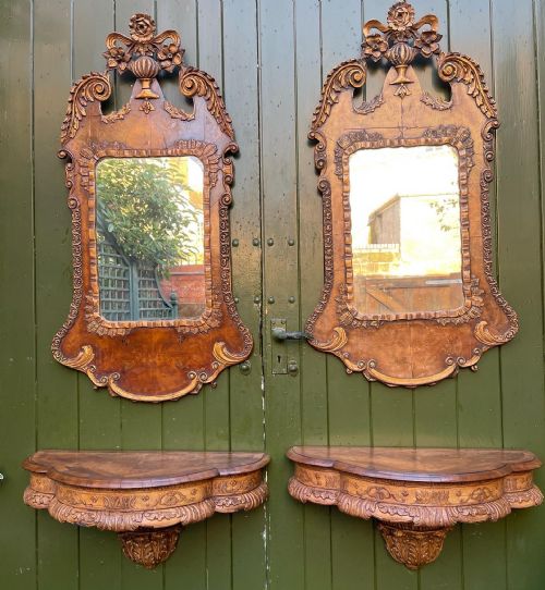 PAIR OF LATE C19TH GEORGE I PERIOD REVIVAL CARVED WALNUT AND PARCELGILT CONSOLE TABLES AND MIRRORS - ADDITIONAL PHOTO 26