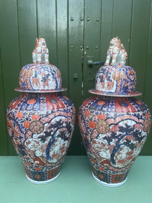 Fine Large Pair of Mid C19th Japanese Imari Porcelain Vases and Covers .