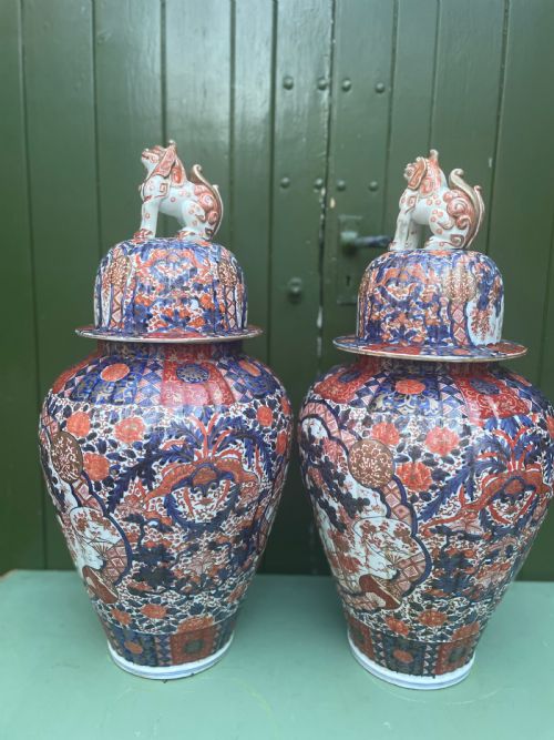 fig 1. Fine large pair of mid C19th Japanese Imari porcelain vases and covers .