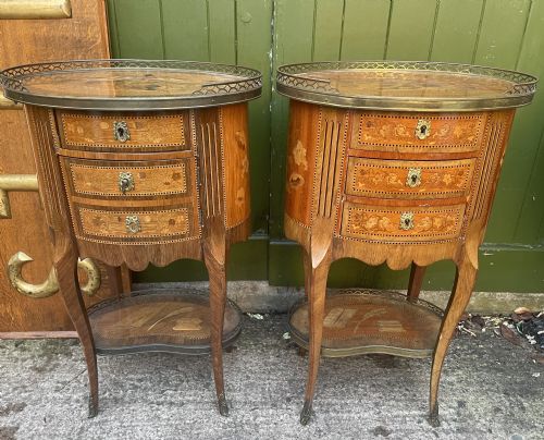 Pair of Late C19th French Marquetry Inlaid and Ormolu Mounted ‘Tables-en-chiffonniere’.
