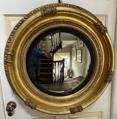 Large Early C19th Regency Period Carved Gilt-wood Frame Convex Plate Mirror
