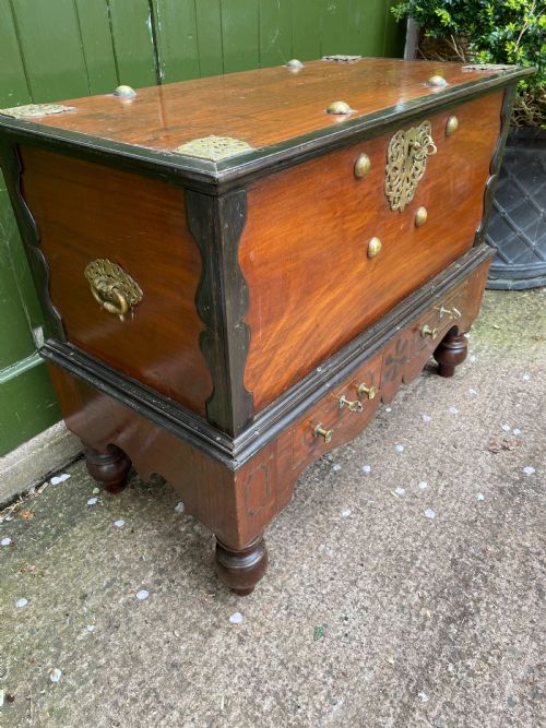 C19TH DUTCH COLONIAL TEAK AND EBONY BRASSMOUNTED CHEST OR TRUNK ON STAND - ADDITIONAL PHOTO 1