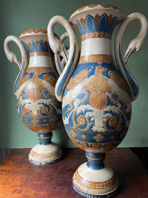 Pair of Early C19th Italian Neo-classical Style Decorative Carved and Painted Lime-wood Vases.