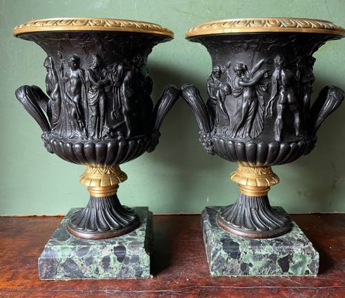 Pair of Late C19th Bronze and Gilt-bronze Classical ‘Medici’ Vases on Antico Verde Marble Bases .