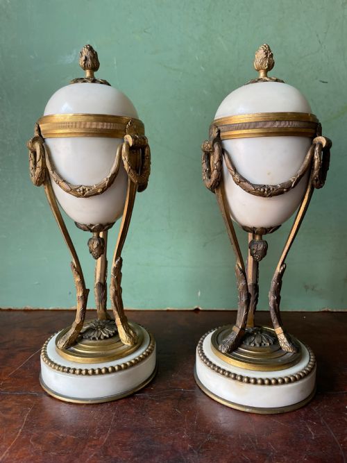fig 1. Pair of late C19th French ormolu-mounted marble reversible cassolettes in the C18th Louis XVI style.