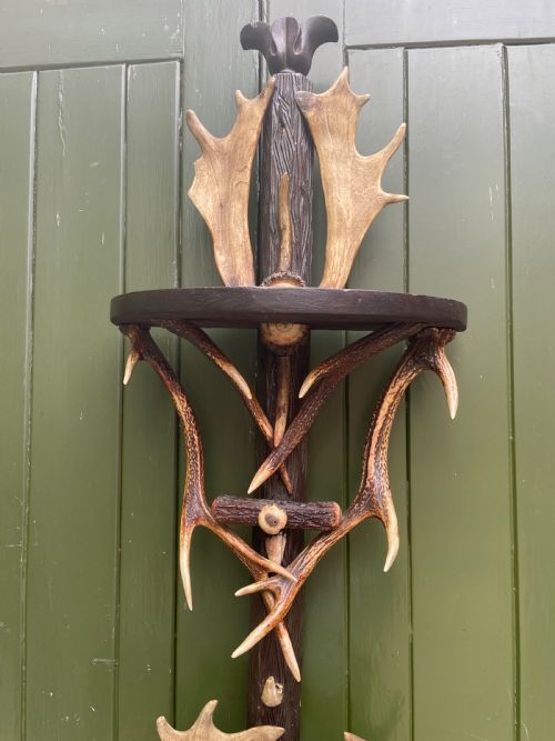 EXTRAORDINARY LATE C19TH SWISS OR SOUTH GERMAN BLACK FOREST DEER ANTLER HORN AND LINDEN WOOD WALLHANGING HAT AND COAT STAND - ADDITIONAL PHOTO 2