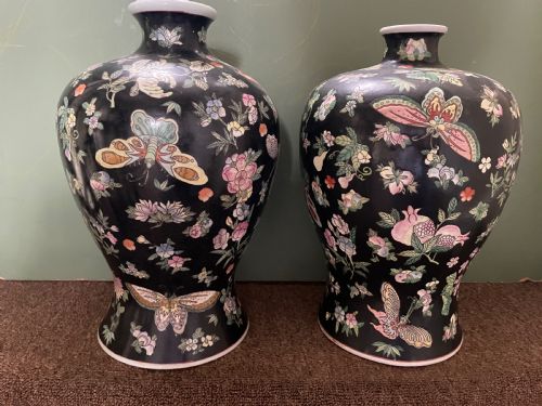 Pair of Late C19th/ Early C20th Chinese Qing Dynasty ‘Famille Noir’ Enamel Decorated Porcelain Vases.