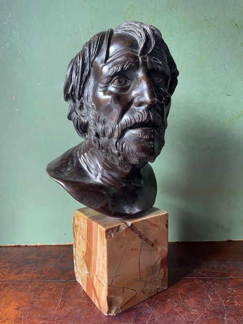 fig 2. Late C19th Italian ‘Grand Tour’ souvenir , after the antique, cast bronze bust study of “The Pseudo Seneca” .