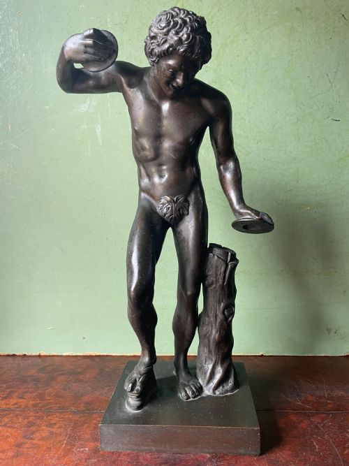LATE C19TH FRENCH BRONZE GRAND TOUR SOUVENIR REDUCTION AFTER THE ANTIQUE THE DANCING FAUN WITH CLAPPERS