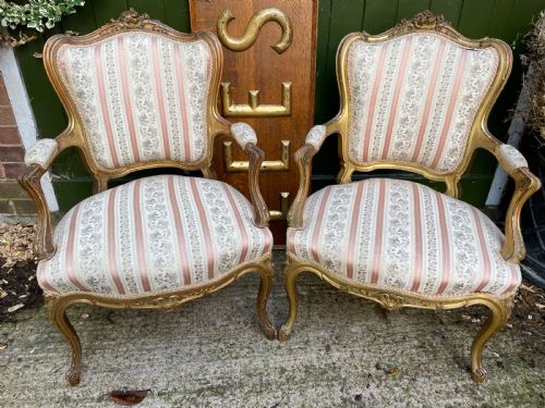 fig 1. Elegant pair of late C19th French carved gilt-wood salon armchairs in the C18th Louis XVI period rococo style.