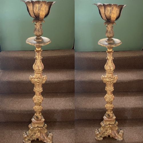Fine Tall Pair of C18th Italian Carved Gilt-wood Baroque Altar-style Candlesticks.