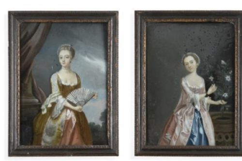 Fine and Rare Pair of Late C18th George III Period Reverse-painted Glass Portrait Pictures of Aristocratic Ladies, Probably Chinese Export.