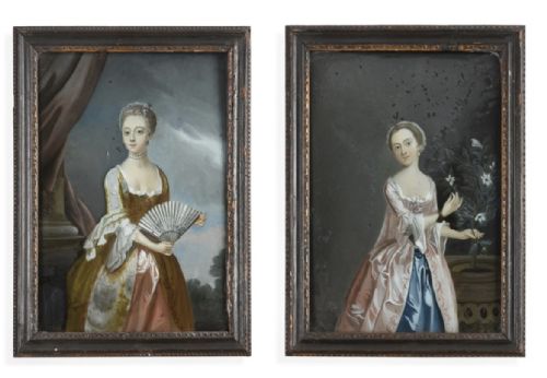 fig 1. Fine and rare pair of late C18th George III period reverse-painted glass portrait pictures of aristocratic ladies, probably Chinese Export.