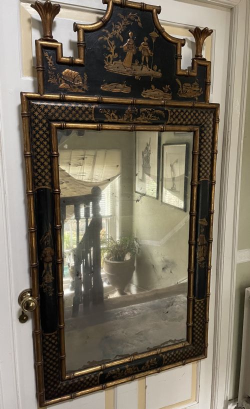 Highly Decorative Early C20th Chinoiserie Style Black Lacquer and Gilt Carved ‘Faux Bamboo’ Framed Wall Mirror .