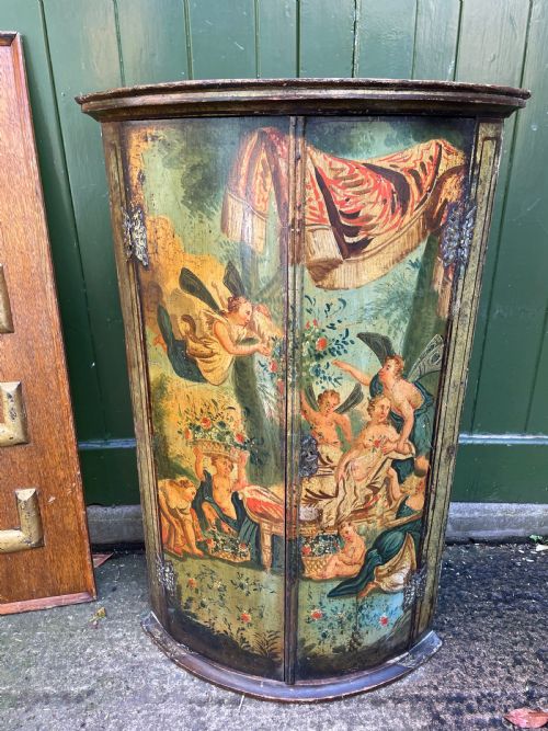 Late C18th Dutch Polychrome Paint Decorated Hanging Bow-front Corner Cupboard .