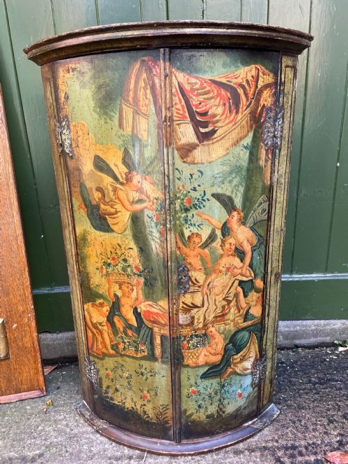 fig 1. Late C18th Dutch polychrome paint decorated hanging bow-front corner cupboard .
